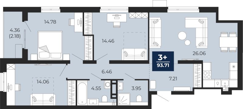 Планировка 3-комн. квартира, 93.7 м² — ЖК «Прео»