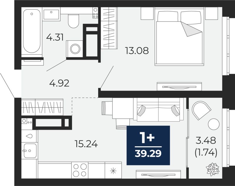 Планировка 1-комн. квартира, 39.3 м² — ЖК «Прео»