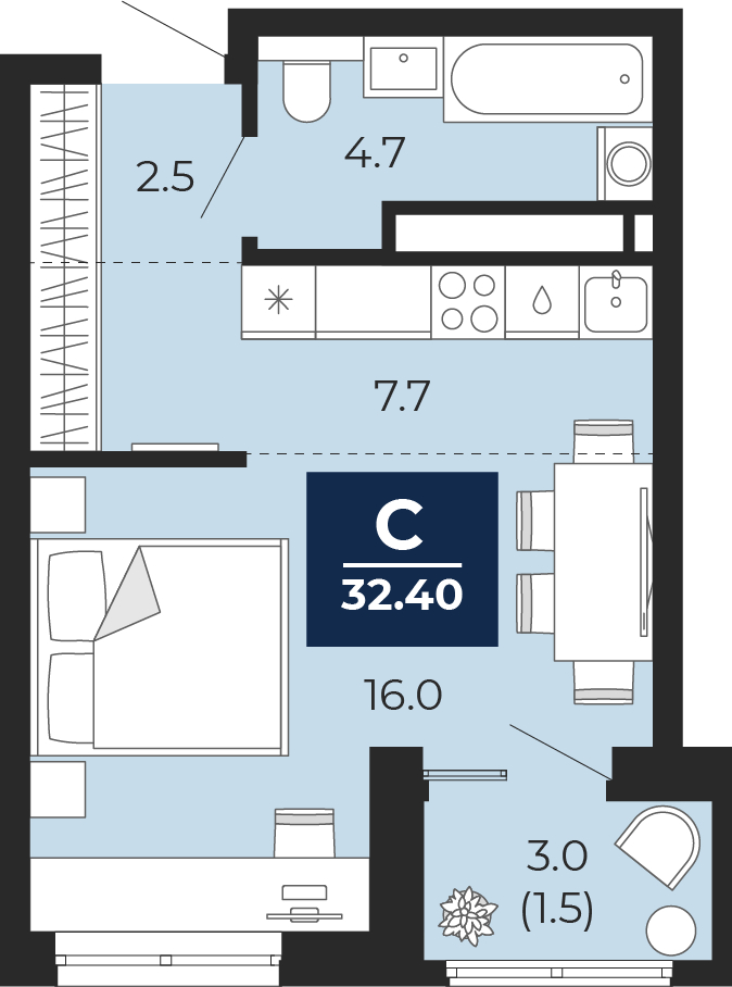 Планировка 1-комн. квартира, 32.4 м² — ЖК «Прео»