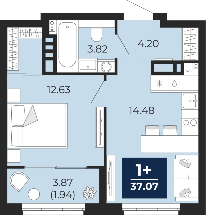 Планировка 1-комн. квартира, 37.1 м² — ЖК «Прео»