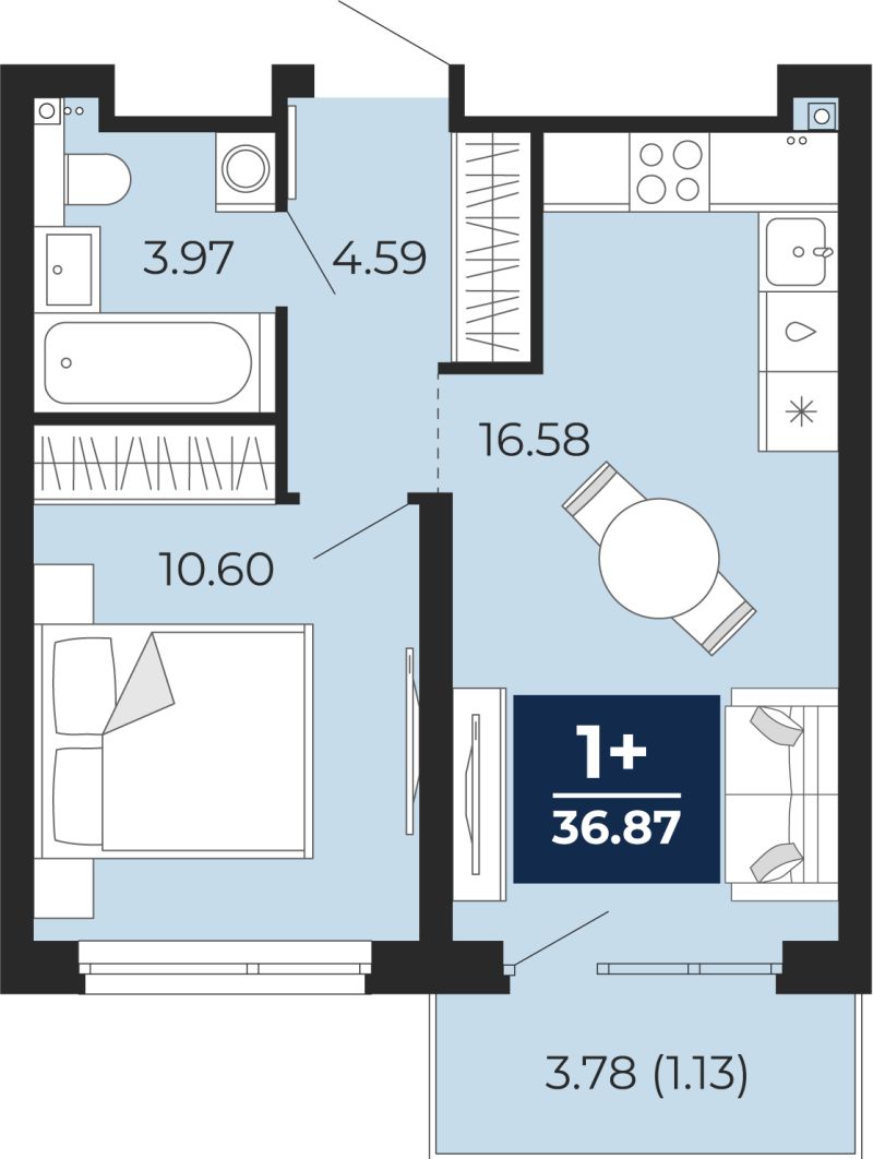 Планировка 1-комн. квартира, 36.9 м² — ЖК «Прео»
