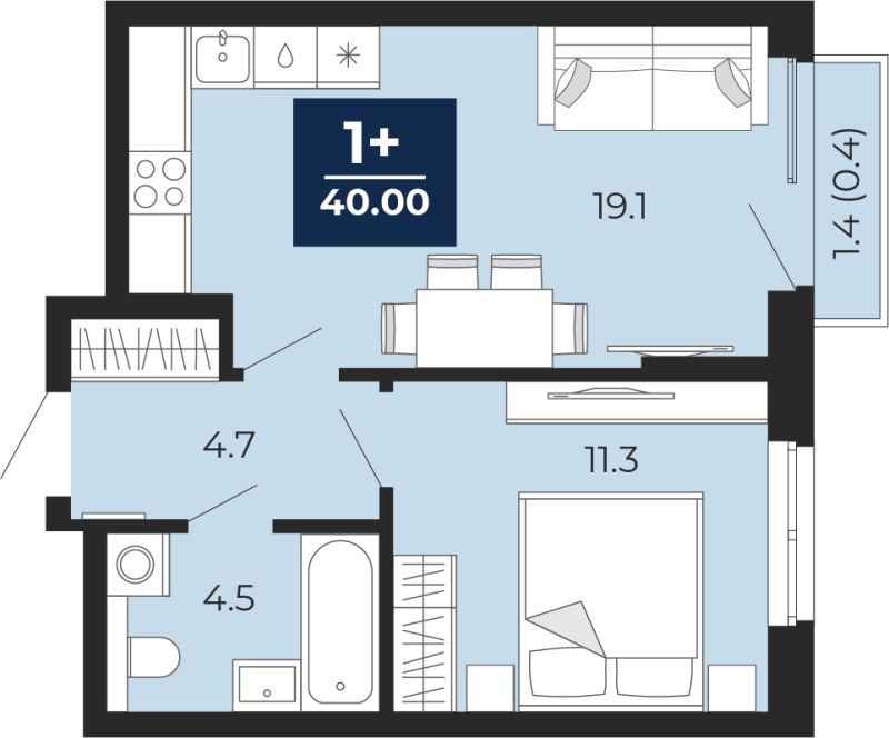 Планировка 1-комн. квартира, 40 м² — ЖК «Прео»
