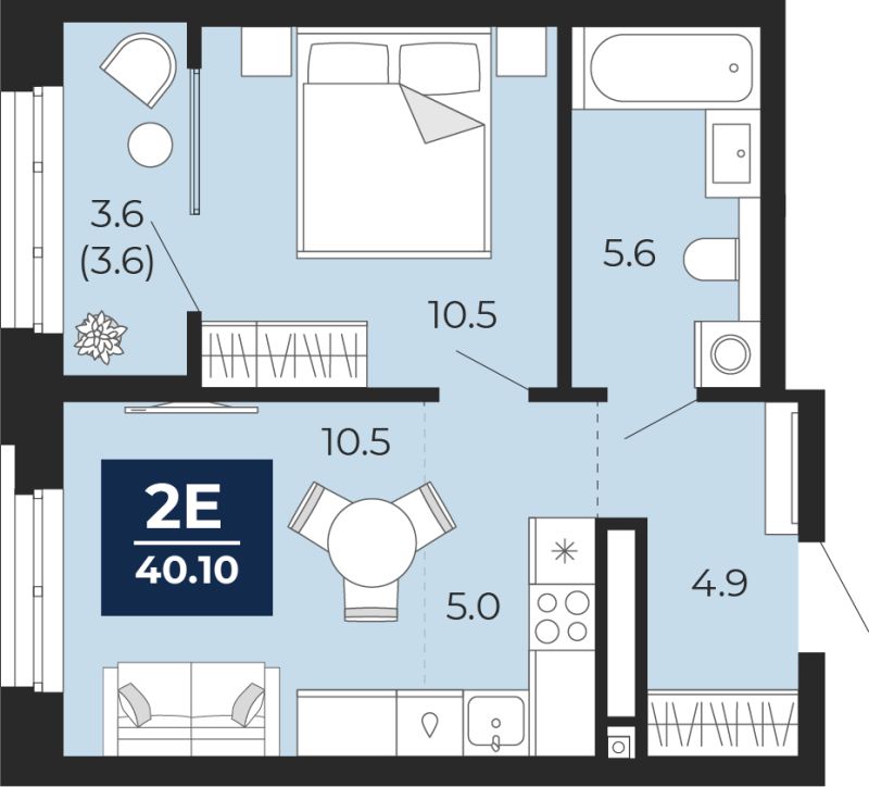 Планировка 2-комн. квартира, 40.1 м² — ЖК «Прео»