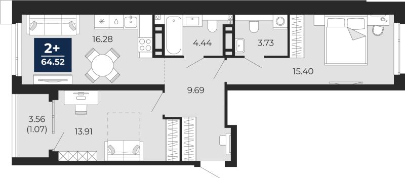 Планировка 2-комн. квартира, 64.5 м² — ЖК «Прео»