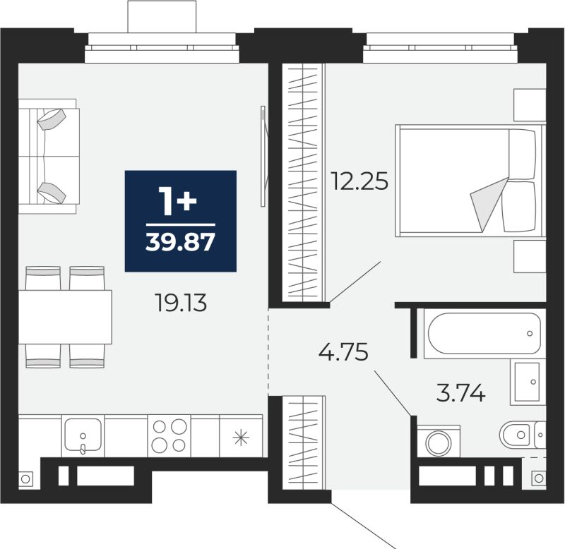 Планировка 1-комн. квартира, 39.9 м² — ЖК «Прео»