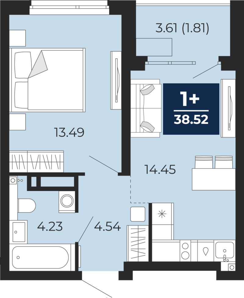 Планировка 1-комн. квартира, 38.5 м² — ЖК «Прео»
