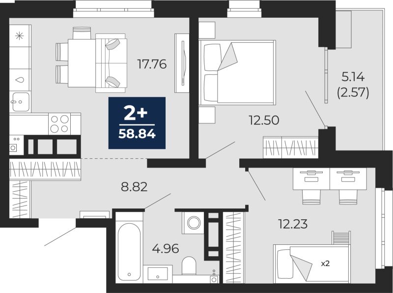 Планировка 2-комн. квартира, 58.8 м² — ЖК «Прео»