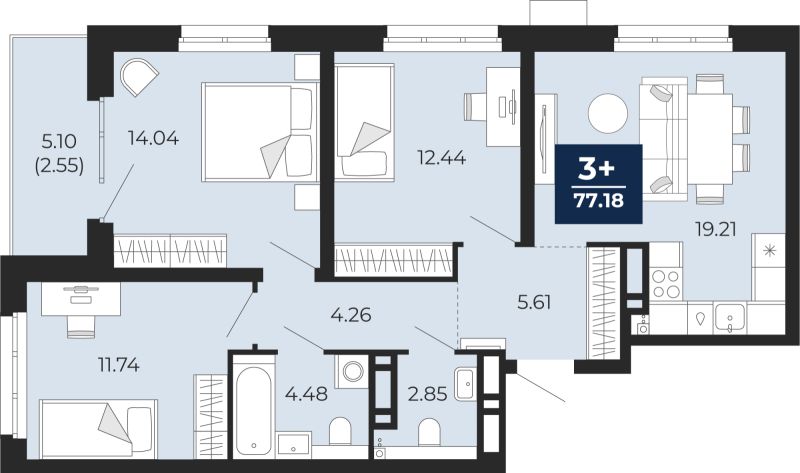 Планировка 3-комн. квартира, 77.2 м² — ЖК «Прео»