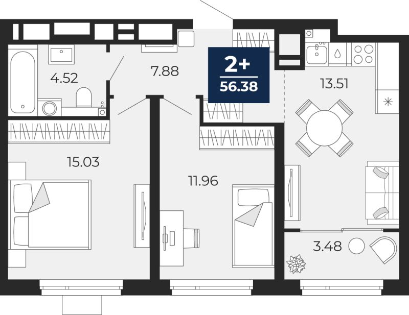 Планировка 2-комн. квартира, 54.6 м² — ЖК «Прео»