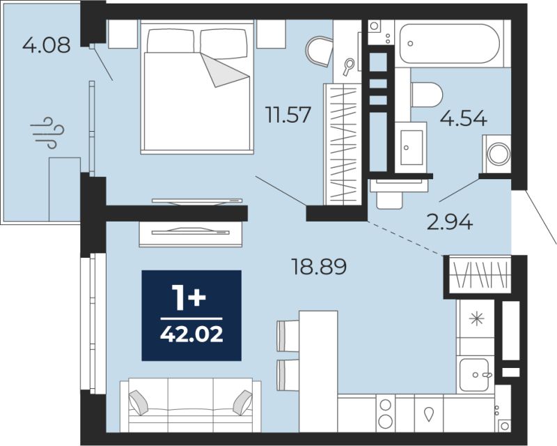 Планировка 1-комн. квартира, 42 м² — ЖК «Прео»