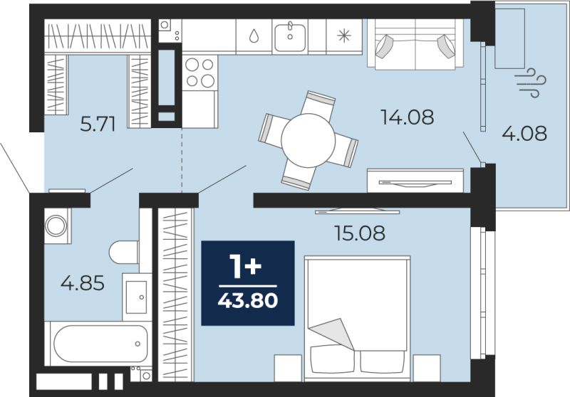 Планировка 1-комн. квартира, 43.8 м² — ЖК «Прео»
