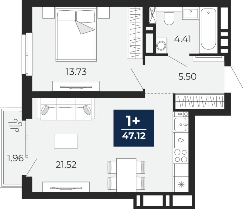 Планировка 1-комн. квартира, 47.1 м² — ЖК «Прео»