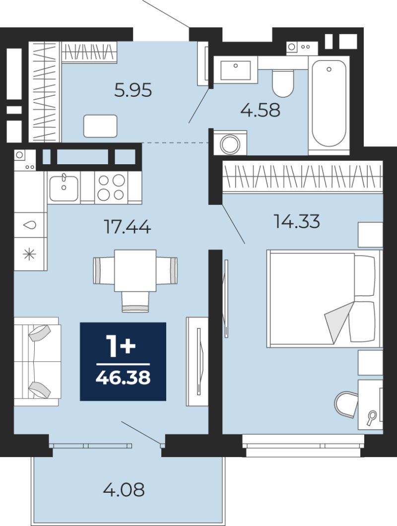 Планировка 1-комн. квартира, 46.4 м² — ЖК «Прео»