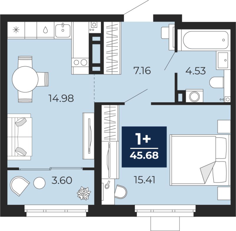 Планировка 1-комн. квартира, 45.7 м² — ЖК «Прео»