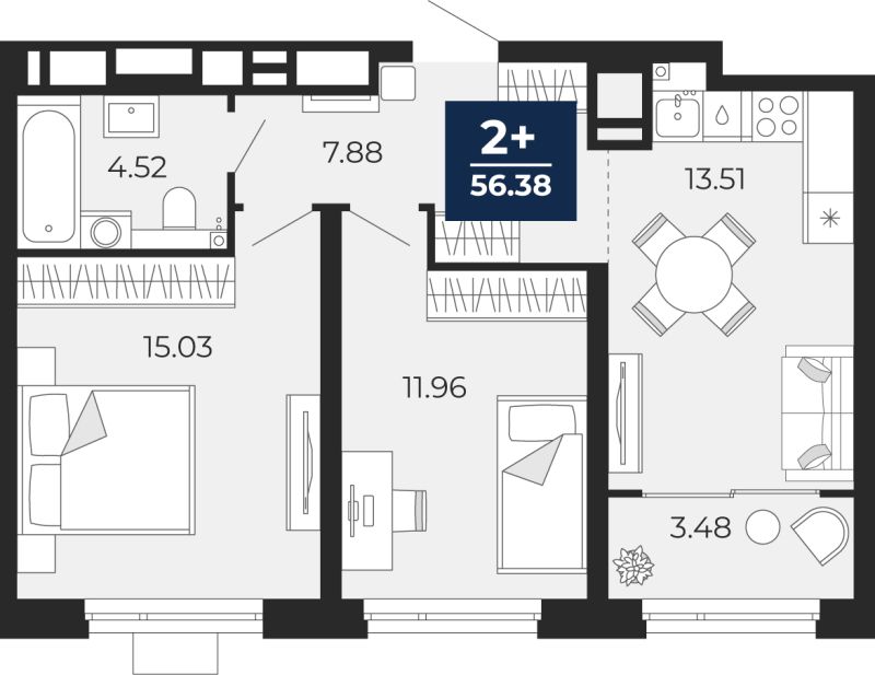Планировка 2-комн. квартира, 56.4 м² — ЖК «Прео»