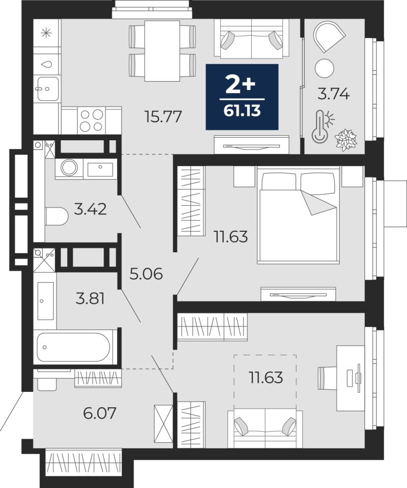 Планировка 2-комн. квартира, 61.1 м² — ЖК «Прео»
