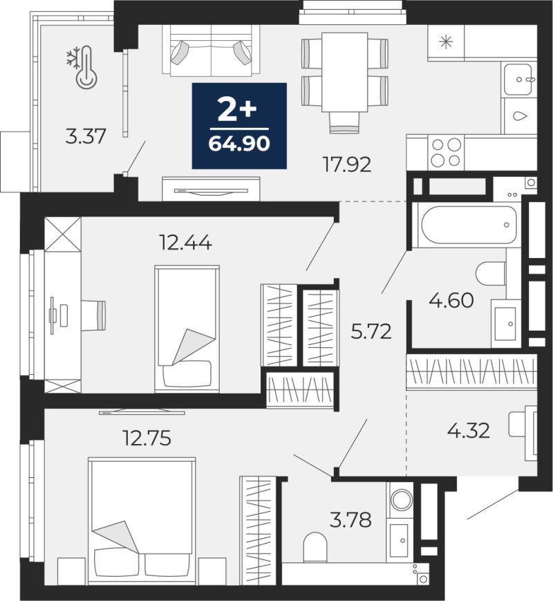 Планировка 2-комн. квартира, 64.9 м² — ЖК «Прео»