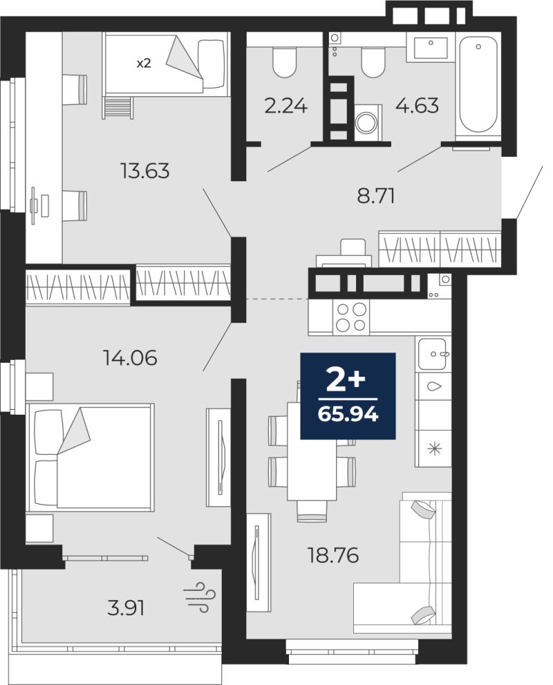 Планировка 2-комн. квартира, 65.9 м² — ЖК «Прео»