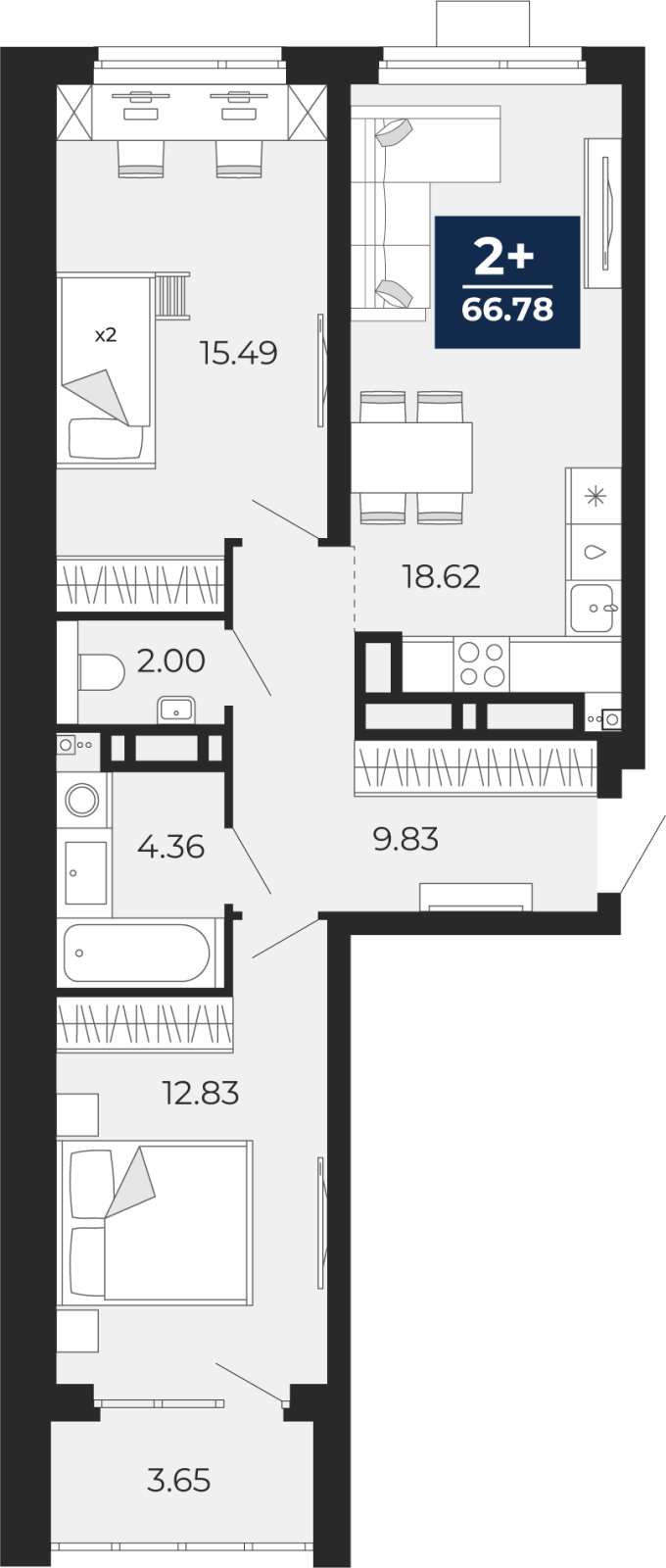 Планировка 2-комн. квартира, 66.8 м² — ЖК «Прео»