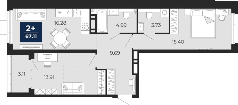 Планировка 2-комн. квартира, 67.1 м² — ЖК «Прео»