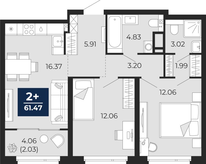 Планировка 2-комн. квартира, 63.5 м² — ЖК «Прео»