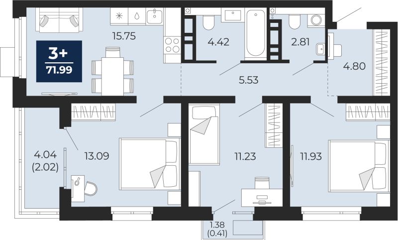 Планировка 3-комн. квартира, 75 м² — ЖК «Прео»