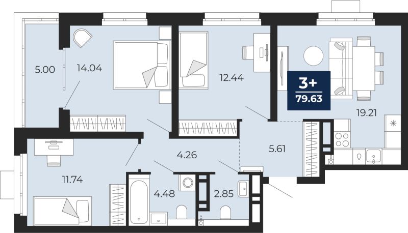 Планировка 3-комн. квартира, 79.6 м² — ЖК «Прео»