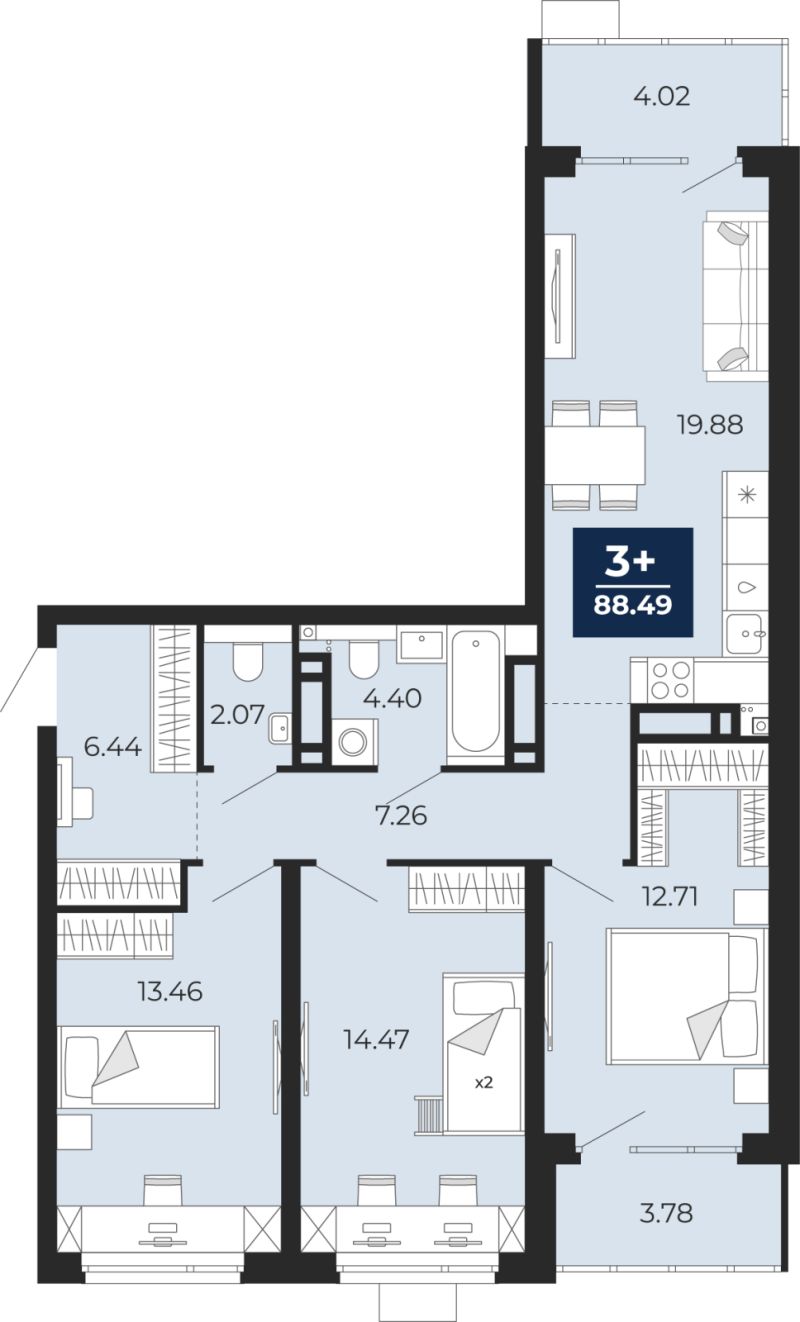 Планировка 3-комн. квартира, 88.5 м² — ЖК «Прео»