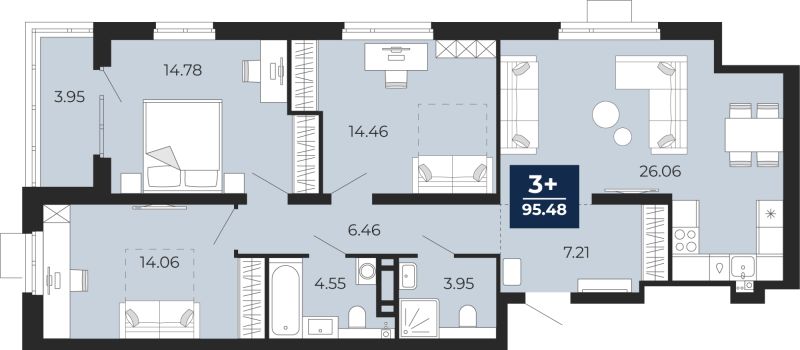 Планировка 3-комн. квартира, 95.5 м² — ЖК «Прео»