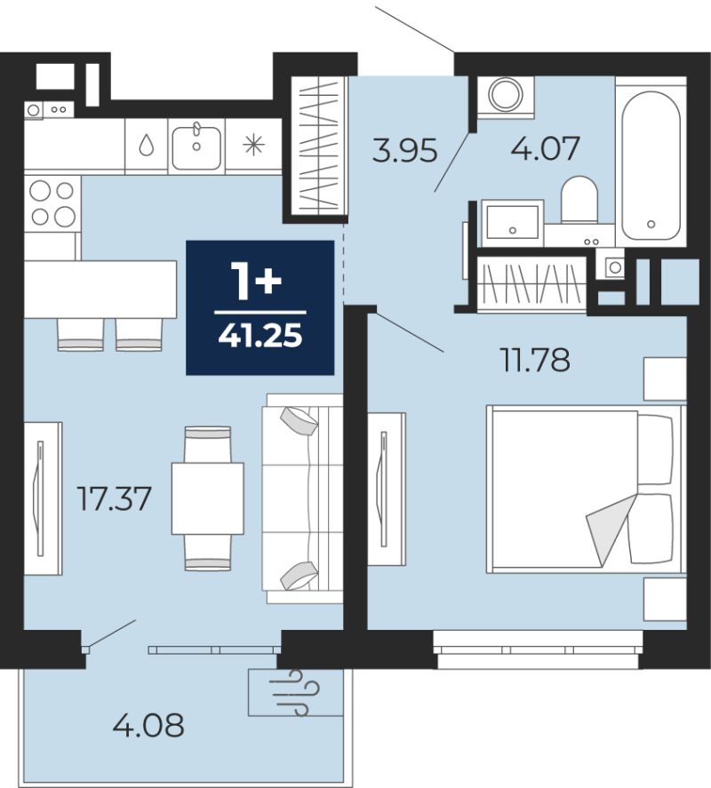 Планировка 1-комн. квартира, 41.2 м² — ЖК «Прео»
