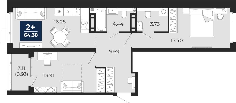 Планировка 2-комн. квартира, 66.6 м² — ЖК «Прео»