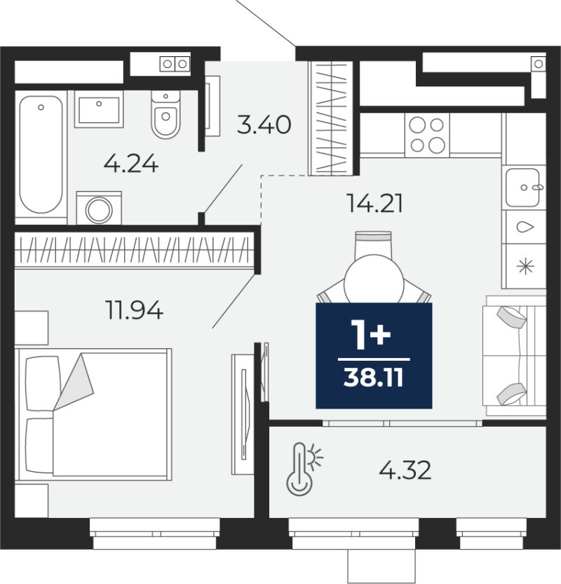 Планировка 1-комн. квартира, 38.1 м² — ЖК «Прео»