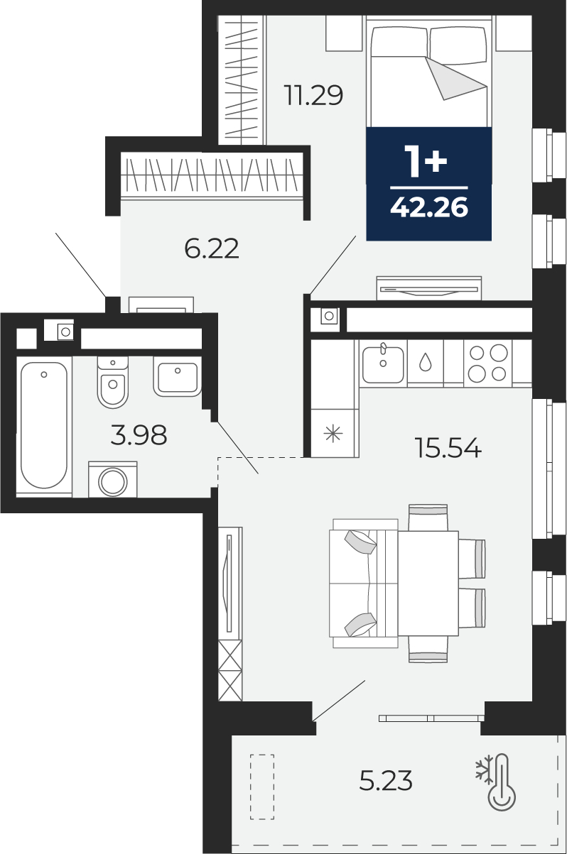 Планировка 1-комн. квартира, 42.3 м² — ЖК «Прео»