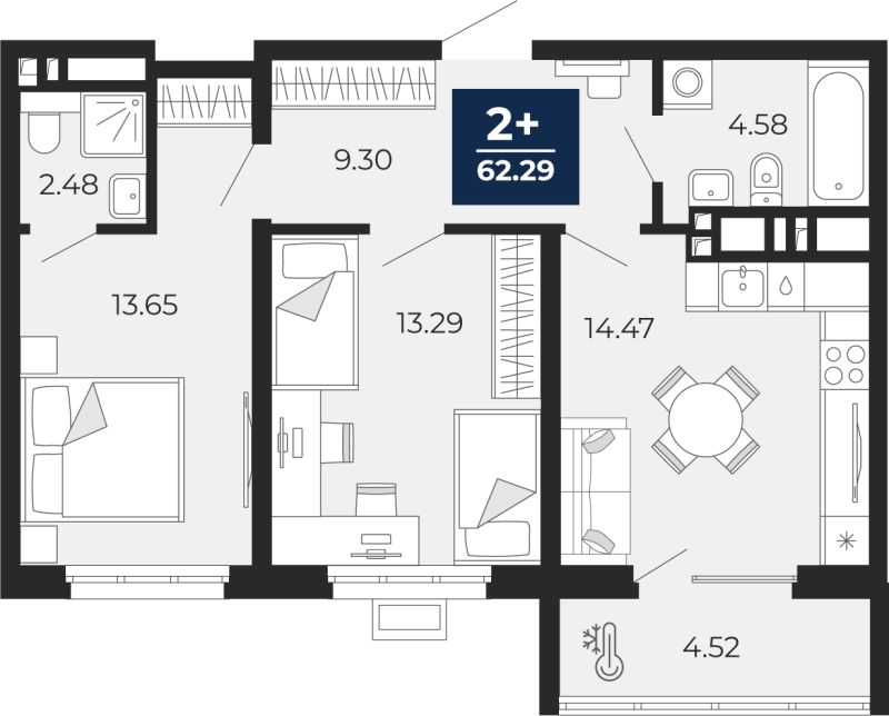 Планировка 2-комн. квартира, 62.3 м² — ЖК «Прео»