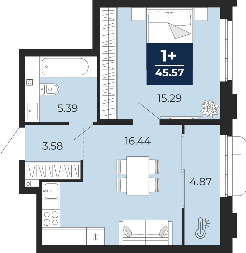 Планировка 1-комн. квартира, 45.6 м² — ЖК «Прео»