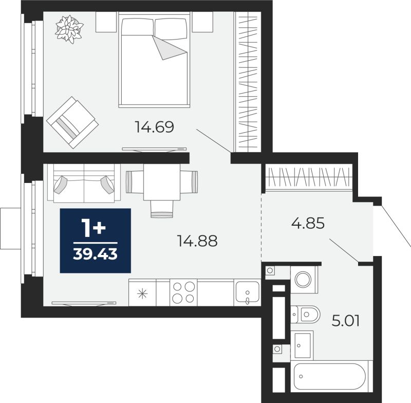 Планировка 1-комн. квартира, 39.4 м² — ЖК «Прео»