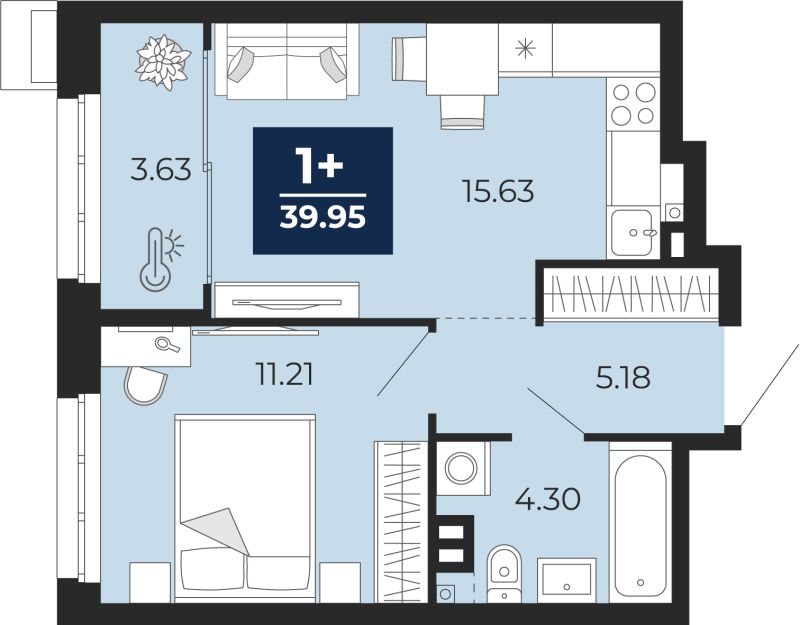 Планировка 1-комн. квартира, 40 м² — ЖК «Прео»