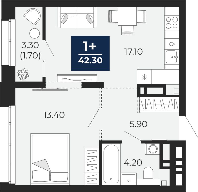 Планировка 1-комн. квартира, 43.9 м² — ЖК «Прео»
