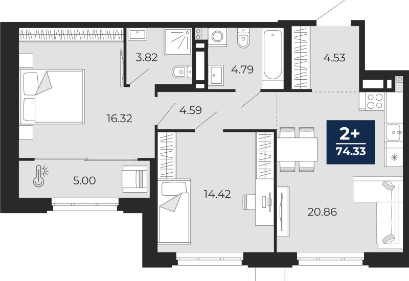 Планировка 2-комн. квартира, 74.3 м² — ЖК «Прео»