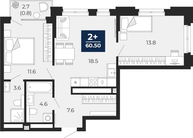 Планировка 2-комн. квартира, 62.4 м² — ЖК «Прео»