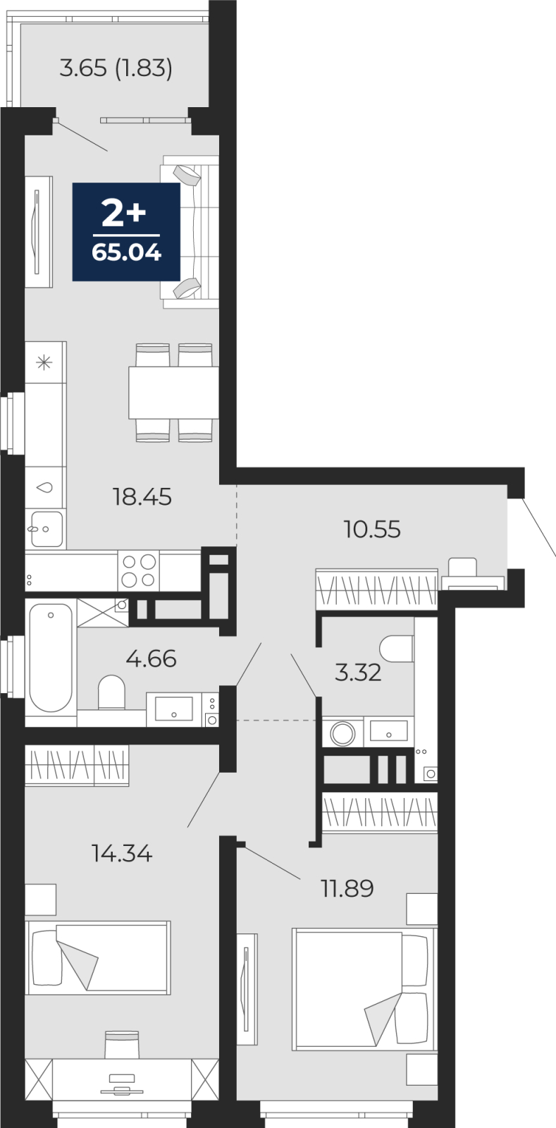 Планировка 2-комн. квартира, 66.9 м² — ЖК «Прео»