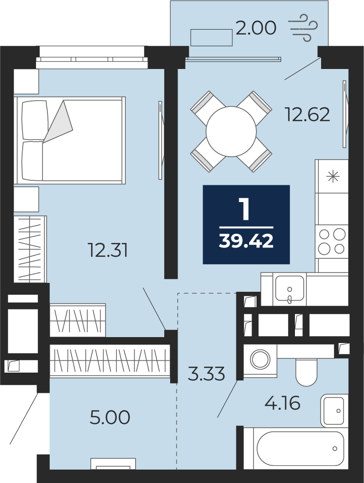 Планировка 1-комн. квартира, 39.4 м² — ЖК «Прео»