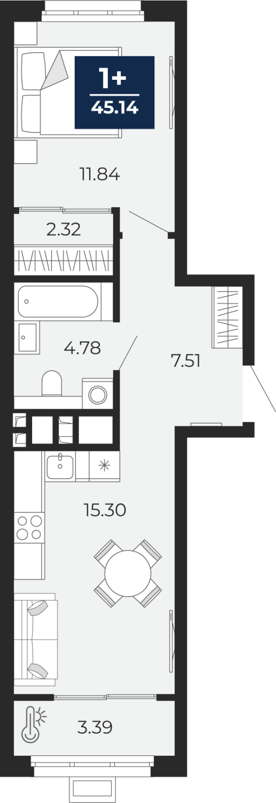 Планировка 1-комн. квартира, 45.1 м² — ЖК «Прео»
