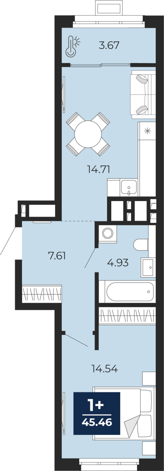 Планировка 1-комн. квартира, 45.5 м² — ЖК «Прео»