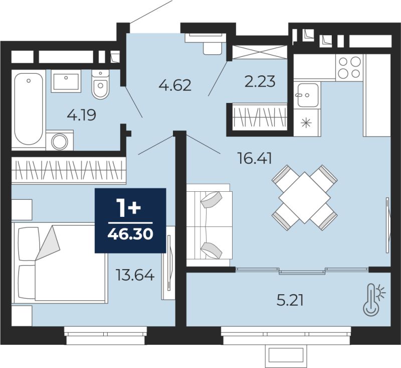 Планировка 1-комн. квартира, 46.3 м² — ЖК «Прео»