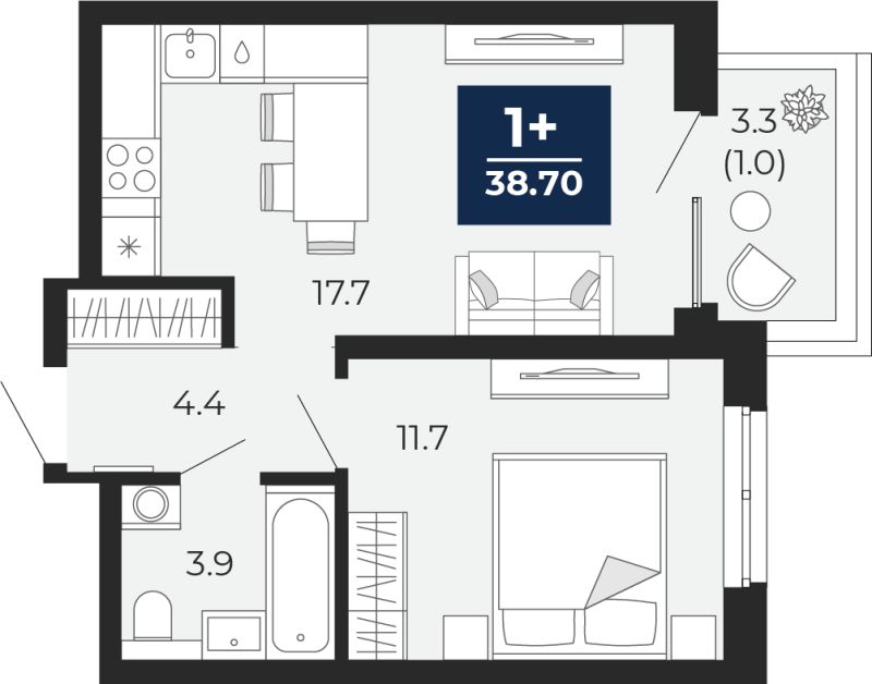 Планировка 1-комн. квартира, 41 м² — ЖК «Прео»