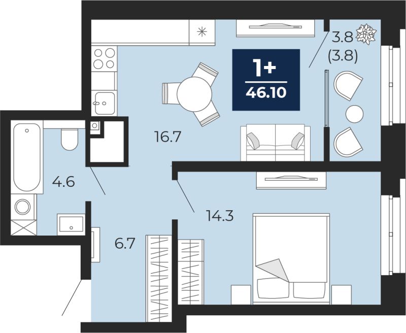 Планировка 1-комн. квартира, 46.1 м² — ЖК «Прео»