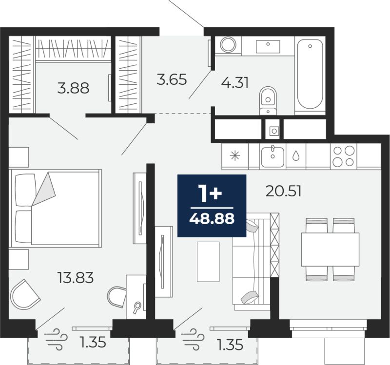 Планировка 1-комн. квартира, 48.9 м² — ЖК «Прео»