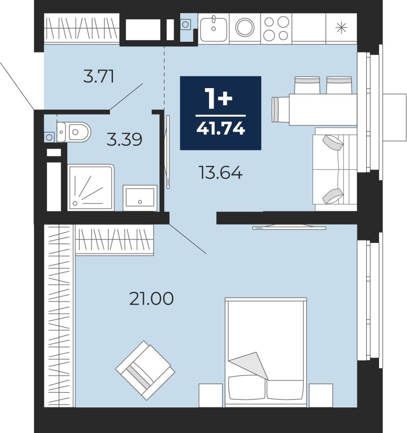 Планировка 1-комн. квартира, 41.7 м² — ЖК «Прео»