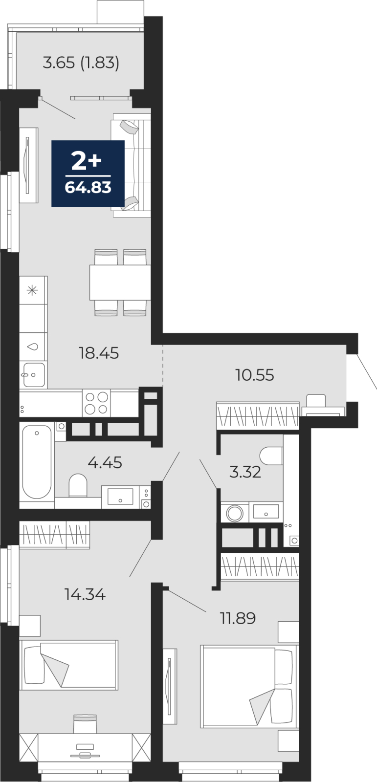 Планировка 2-комн. квартира, 66.7 м² — ЖК «Прео»